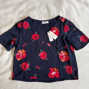 Aritzia Babaton Navy Floral Blouse